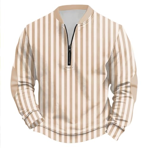 Genérico Sudadera sin Capucha y Media Cremallera a Rayas de Carnaval, Jersey de Manga Larga con Cuello Redondo, Top Deportivo Informal de Calle (Khaki, XXL)
