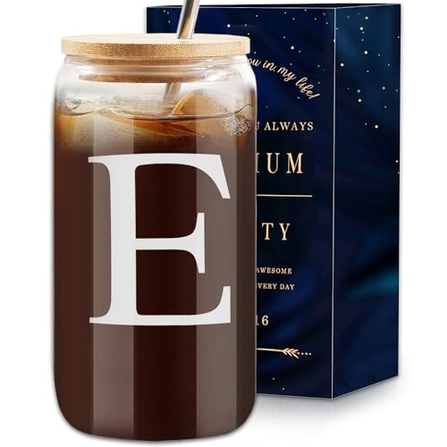 Elysine Initial Glass Cup 16oz, Monogrammed Gifts for Women, Glass Can Cup w/Bamboo Lid Straw,Personalized Valentines Mother Day Birthday Gifts for Women, Mom, Wife, Girlfriend, Sister, Friends (E)
