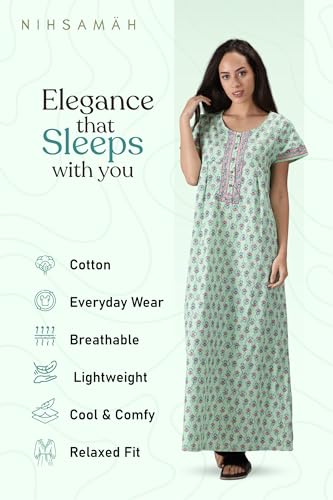 Image of NIHSAMAH Cotton Nighty for Women with Pocket, Premium Printed Long Nighty | Comfortable & Fancy Sleepwear /Nightwear