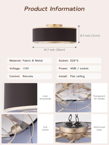 Image of Flush Mount Ceiling Fans with Lights, 20 inch Caged Boho Ceiling Fan with Light and Remote, Bladeless with 6 Speeds for Bedroom, Nursery, Living Room