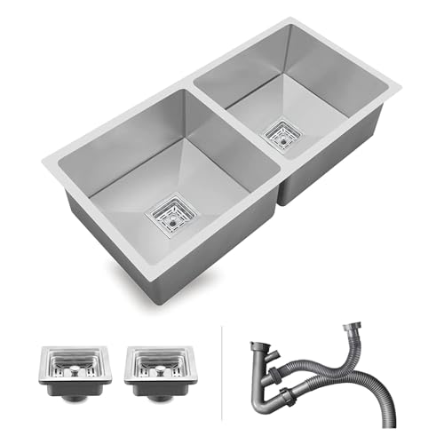Image of CROCODILE Undermount Double Bowl Kitchen Sink, 304 Grade Stainless Steel, Steel Grey, 45x20x10 Inch, Handmade with Sound-Dampening, Brushed Finish, Rectangular