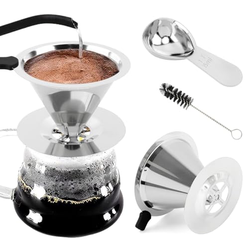 Pour Over Coffee Dripper With Cleaning Brush & 15g Measuring Scoop,Stainless Steel Reusable Double Micro Coffe Mesh Filter,Keeping Nature Coffe Flavour(1-3cups-225ml)