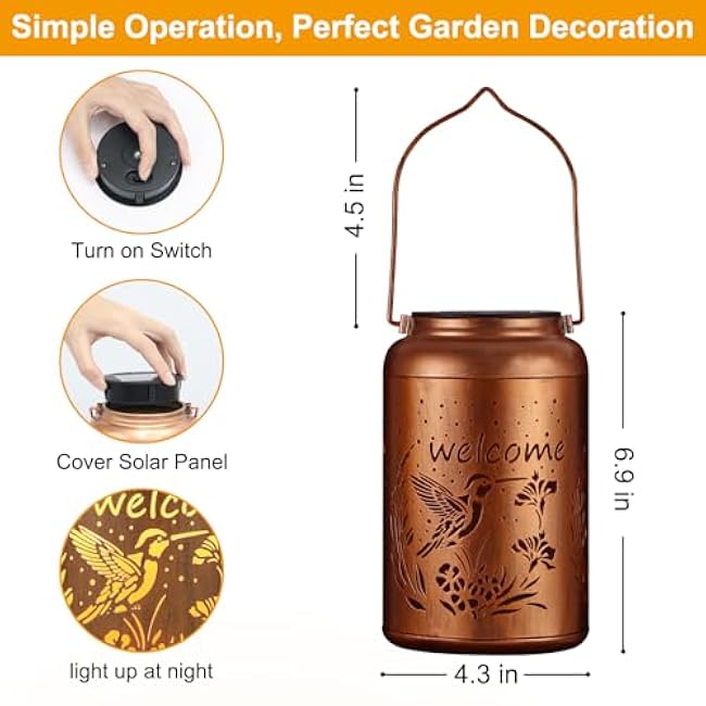 Solar Lantern Outdoor Hanging Waterproof Outside Metal Openwork Hummingbird Pattern Birthday Gifts for Women Mom Landscape Lights for Porch Garden Yard Patio Pathway Decor£¨Hummingbird£©