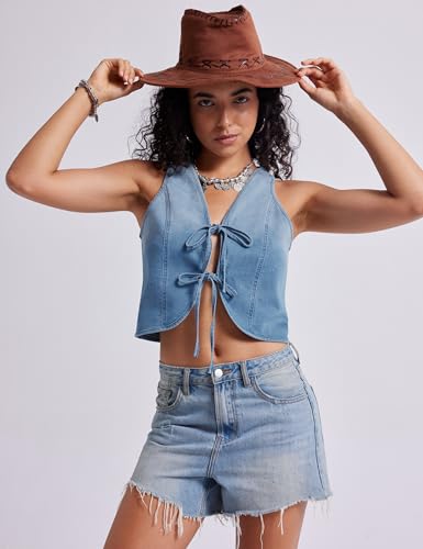 Womens Denim Vest Crop Sleeveless V Neck Denim Top Retro Tie Up Front Jean Vest4