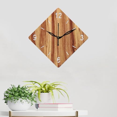 Image of SKYVILLA 12 Inch Wooden MDF Rhombus Analog Wall Clock with English Numerals | Silent Quartz Movement | Lightweight Without Glass Design for Home