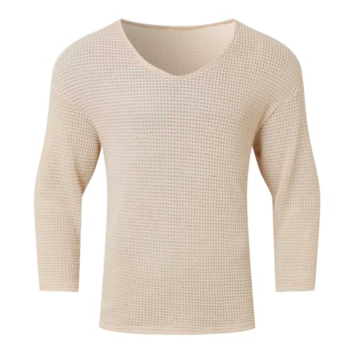 Mens V Neck Waffle Knit Pullover Sweater Lightweight Slim Fit Long Sleeve Thermal Top Casual Soft Knitwear 2025