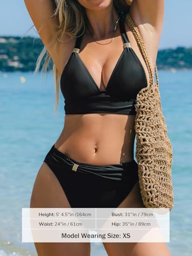 CUPSHE Women's Bikini Sets High Waisted Two Piece Swimsuit V Neck Triangle Top Bathing Suit Halter Strap Self Tie4