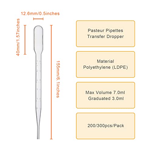 Pekybio Disposable Transfer Pipettes Dropper 3Ml Plastic Pasteur Pipette Calibrated Lab Pipettes, Low Density Polyethylene (Ldpe), Pack Of 200 #TOP1