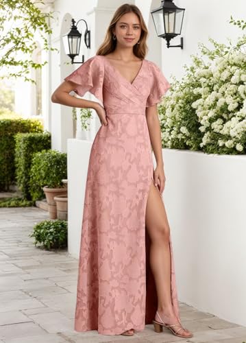 Jacquard Bridesmaid Dresses for Women V Neck Wedding Guest Dress with Sleeves Long Formal Gown4