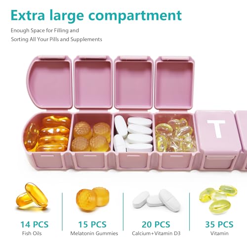 Image of MOLN HYMY Extra Large Weekly Pill Organizer 7 Day, XL 1 Week Pill Dispenser Case, Daily Medicine Organizer to Hold Vitamin Filsh Oil and Supplements (Pink)