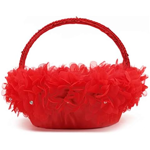 HE ANDI 1PC Wedding Flower Girl Basket with Ostrich Fluff and Lace Flowers (9 inch) (Red) Cover