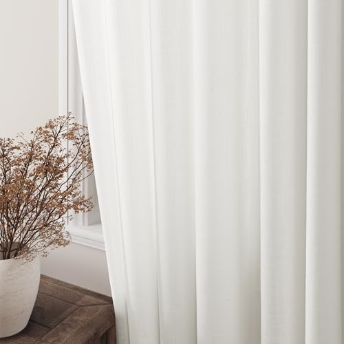 Image of Off White Linen Curtains 84 inch Length for Living Room 2 Panels Set Soft Thick Textured Grommet Semi Sheer Light Filtering Window Curtain Burlap Look Rustic Farmhouse Home Privacy Drapes 52x84