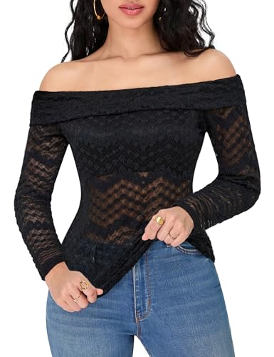 Blooming Jelly Lace Tops Women Sheer Long Sleeve Mesh Off The Shoulder See Throug Tshirts Going Out Fall Clothes