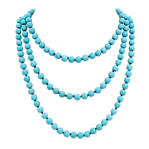 CIOOU Turquoise Amazonite Knotted Semi-Precious Gemstone Wrap Necklace, 8mm/60'' Pearl Strand, Women's Fashion-Conscious Accessory