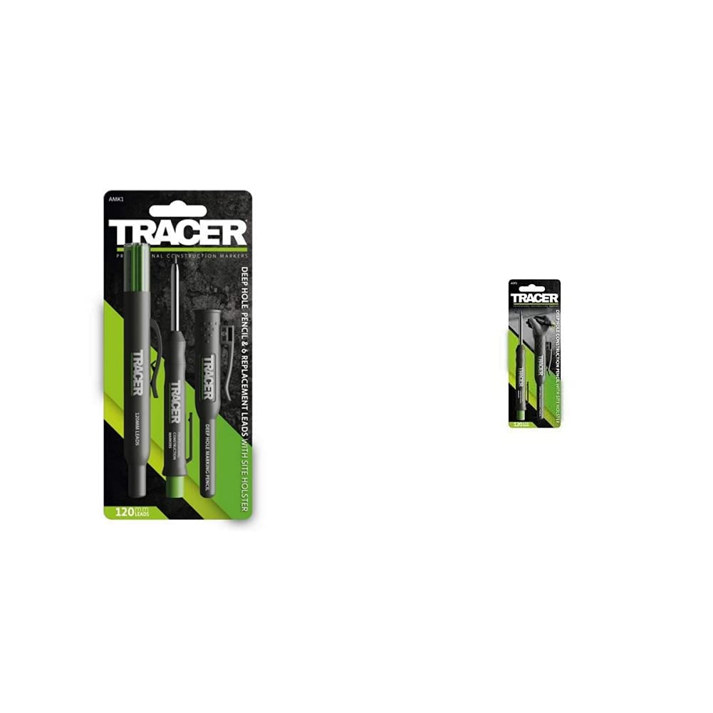 Tracer AMK1 Deep Pencil Marker with Lead (Blister Pack) & TRACER Deep Hole Construction Pencil with TRACER Site Holster (120mm, Extendable 2B Construction Pencil with Inbuilt Sharpener)