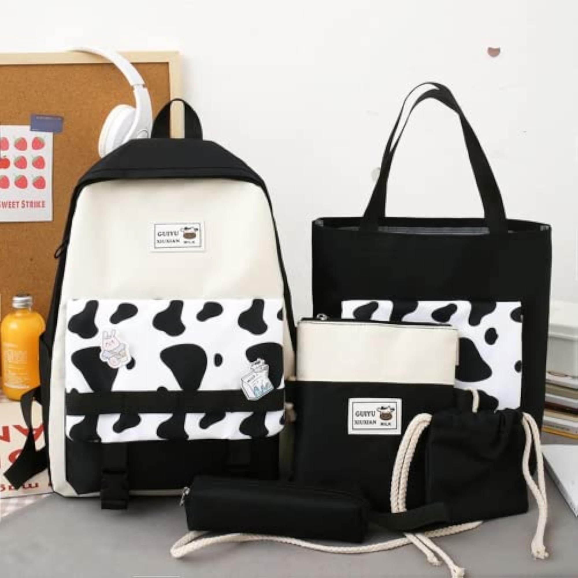 Cow Print 5Pcs Set Backpack with Aesthetic Accessories