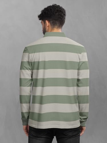 Image of BULLMER Striped Textured Printed Polo Neck Fullsleeve T-Shirt with Rib for Men