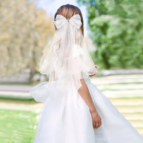Vividsun Girls First Communion Veil White Flower Bow Headband,Veil for First Communion Girls Kids Wedding Party Headpiece3