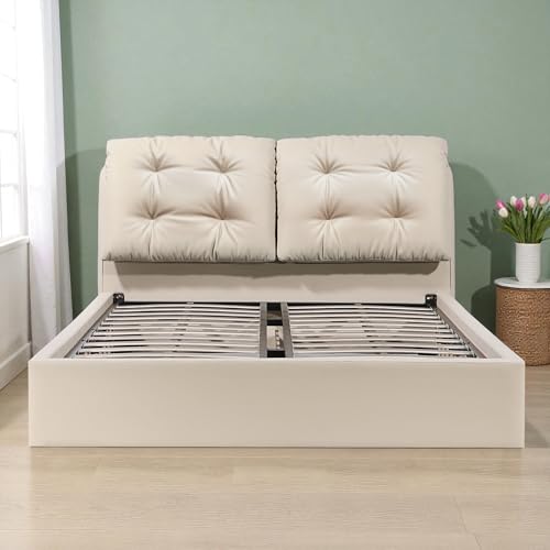 Image of The Attic Luna Queen Size Hydraulic Storage Bed with Tufted Cushion Headboard Cream Beige