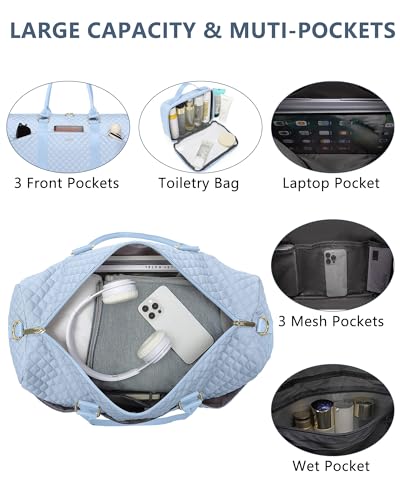Image of Women Weekender Travel Duffle Bag: Travel Duffel Overnight Bags with Shoe Compartment Large Carry on Tote with Toiletry Bag Weekend Traveling Yoga Gym Hospital Bag for Women with Wet Pocket Light Blue