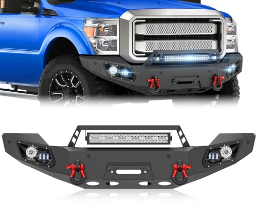 EYOUHZ for F250 F350 F450 Front Bumper Compatible with 2011-2016 3rd Gen Ford F250 F350 F450 Super Duty Consists of Winch Plate, 5 x LED Lights & D-rings, License Plate Bracket, Sensor Holes, Black