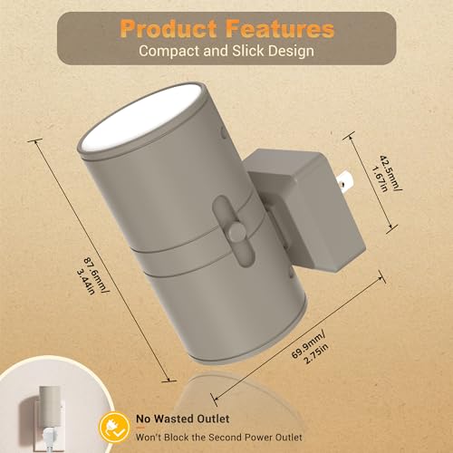 Image of JandCase Night Lights Plug into Wall, Dimmable Gray Night Lights with Dusk to Dawn Light Sensor, Soft White 3000K, 0-100LM Adjustable Brightness Nightlight for Hallway Bathroom, 2 Pack