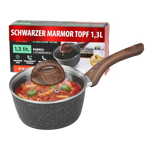 MAGIC HOME Stielkasserolle 16 cm INDUKTION | Marmor Antihaft Kasserolle mit Deckel | Kleiner Topf | Saucepan für Alle Herdarten, Induktionsherd | Ergonomischer Griff in Holzoptik | Black Marble Line