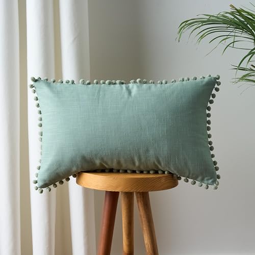 Image of 100% Cotton Pom Pom Cushion Without Filler, Elegant & Modern Cushion Cover for Living Room, Rectangle, 12 inchx20 inch, uni slub, Set of 5 - Celadon Green