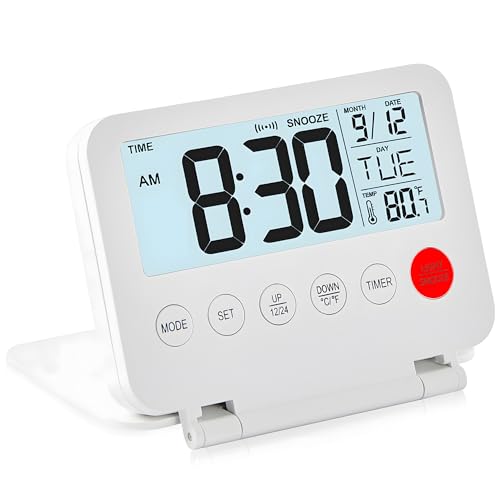 Image of KANBIT Small Digital Travel Alarm Clock, Large LCD Display Front Button with Date & Temperature, Snooze and 8 Seconds Backlight AAA Battery Operated Desk Clock for Home & Office, White