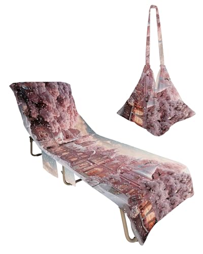 Pink Christmas Beach Lounge Chair Towel Cover, Soft Chaise Lounge Towel with Side Pockets Patio Pool Chairs Cover for Beach/Pool Sunbathing 29x85 Pink Xmas House Winter Snowflake