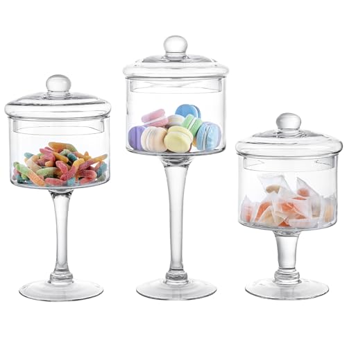 Mygift 3-Piece Clear Glass Apothecary Candy Jar Set With Lids – Decorative Party Display Containers For Wedding Centerpieces, Dessert Tables, Kitchen Counter Storage, And Bathroom Décor