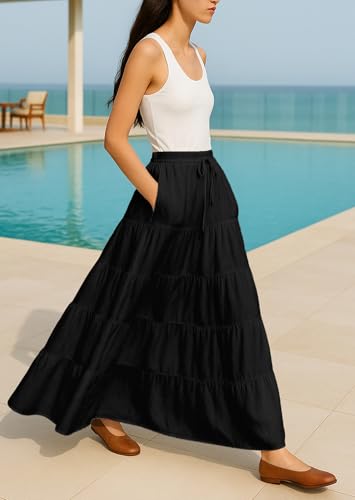 Women’s Solid Cotton Maxi Skirt with Pockets | Tiered 40-Inch Long Skirt | Elastic Waist Resort Wear | Summer Outfit4
