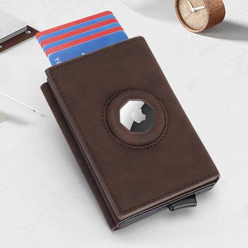 Vintage Mens Genuine Leather Wallet AirTag Holder RFID Blocking Minimalist Card Holder Light Brown (Coffee)3