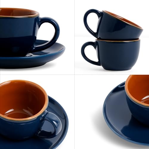 Image of Shay Ceramic Espresso Cup Set, Set of 2, 100ml, Midnight Blue | Espresso Cup and Saucer | Glossy Finish | Microwave Safe (Espresso Set, Midnight Blue)