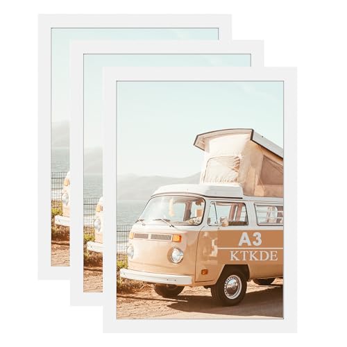 Image of KTKDE A3 Poster Frame White Woodgrain Picture Frame-11.7x16.5in Set of 3- Photo Frame,Certificate Frame with Plexiglass for Wall Mount or Table Top Display