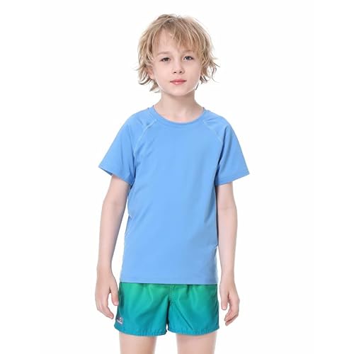 EXARUS Youth Boys Rash Guard Swim Shirts Short Sleeve Sun Shirts Lightweight Quick Dry UPF 50+ with Back Zip Pocket 10 Years Sxlight Blue