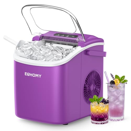 EUHOMY Countertop Ice Maker Machine with Handle 26lbs Per Day 9 Ice Cubes Ready in 6 Mins Auto-Cleaning Portable Ice Maker with Basket and Scoop for Home/Kitchen/Camping/RV (Purple)