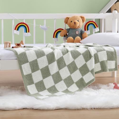 WRENSONGE Checkered Throw Blanket, Sage GreenSoft Cozy Fluffy Warm Hand Made Throw Blankets for Couch, Sofa, Chair, Bed, Camping, Picnic, Travel Lightweight Bed Blanket - 30"*40"