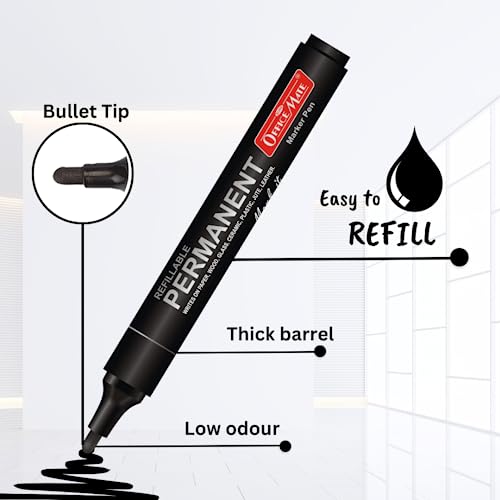 Image of Soni Officemate Permanent Marker| Pack of 10 (Black) |Refillable | Waterproof & Fade-Resistant | 4.43 mm Bullet Tip | Multi-Surface Use | Bold Marker | Refillable & Waterproof | Quick Dry Alcohol Ink Markers