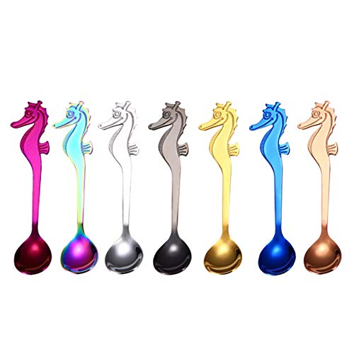 HMQCI 7パックスプーンセット、タツノオトシゴ ステンレススチール かき混ぜスプーン コーヒー、紅茶、ミックス、砂糖、アイスクリーム、調味料、食器、キッチン、カフェまたはバー用(色: 7色、サイズ: 7パック)