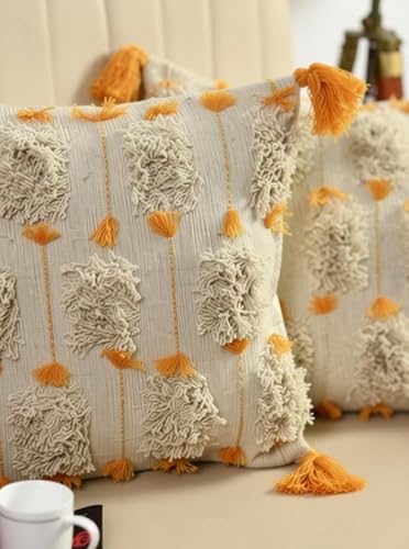Image of Cushion Cover Pack of 4 (16x16 Inches) | Cotton Textured Decorative Throw Pillow Case for Sofa Bed Living Room Tufted Cushion Cover with Tassels (Offwhite-Yellow)