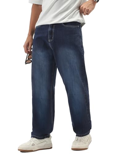 Image of Urbano Fashion Men's Loose Baggy Fit Washed Denim Jeans Non-Stretchable