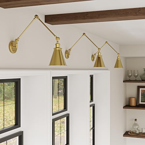 Image of Plug in Wall Sconces Set of Two, Gold Swing Arm Wall Lamp with 6.6FT Plug-in Cord and Knob Switch, Metal Hardwired Wall Lights for Bedroom, Reading, Study Room, Office, Living Room (2 Pack)