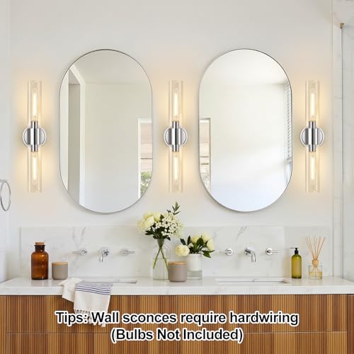 Image of Wall Sconces Set of Two, Modern Bathroom Sconces Wall Lighting with & Clear Glass Glass, Chrome Sconces Wall Decor Set of 2 for Bathroom Mirror Bedroom Living Room Hallway