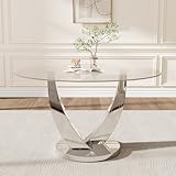 47.2' Round Glass Dining Table for 4-6, Modern Kitchen Table with Tempered Glass Top & Stainless Steel Legs, Circle Dining Table for Home, Living Room, Apartment (Silver)