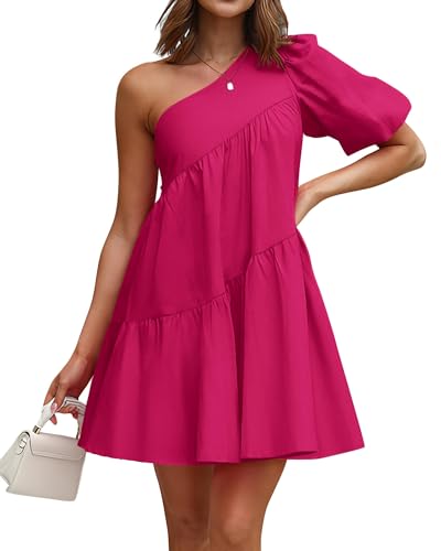 Image of KIRUNDO Summer One Shoulder Mini Baby Doll Dresses Women 2026 Casual Puff Sleeve Loose Tiered A Line Flowy Short Dress