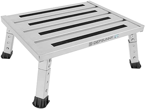 DEPSUNNY Adjustable Height Aluminum RV Step, Stable Foldable Platform Step Stool, Supports Up to 1,000 lb, Non-Slip Rubber Feet and Platform Mat, Easy to Carry (Silver)