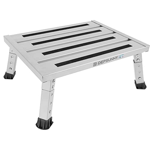 DEPSUNNY Escalón de Aluminio para Caravana de Altura Ajustable, Taburete Plegable para Autocaravana, escalón de Plataforma, soporta hasta 1 Libra, Patas de Goma Antideslizantes y Alfombrilla de