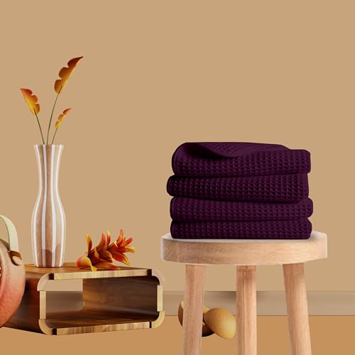 Image of Pure Cotton Waffle Towel | Lightweight | Anti Microbial and Water Absorbent | Soft Touch Quick Drying Hand Towels (Wine, Pack of 4)