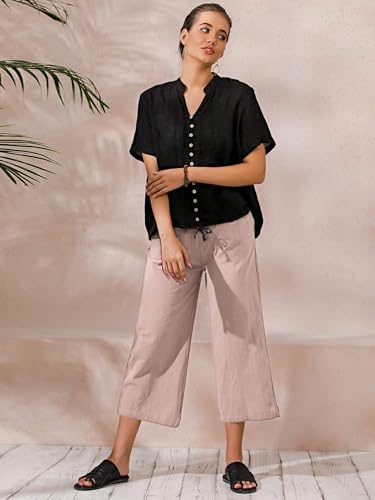 Image of ECUPPER Womens Cotton Cropped Pants Loose Fit Wide Leg Trousers | Casual, Plus Size, Elastic Waist, Capri, 100% Cotton, Slant Pockets, High Rise Waist, Lounge Pants